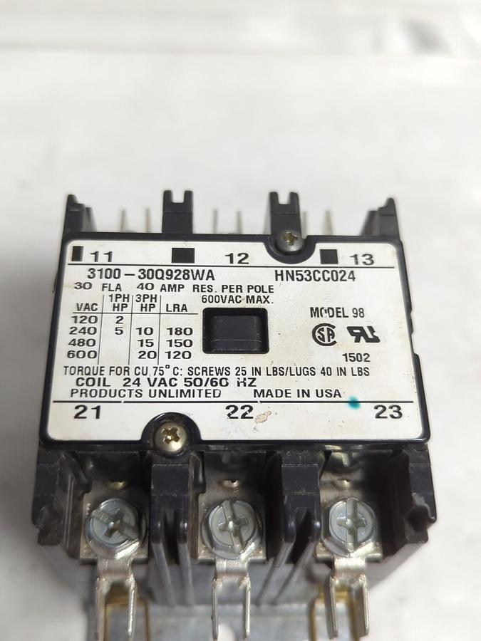 PRODUCTS UNLIMITED,HN53CC024,CONTACTOR 3-POLE 40 AMP 600VAC NOS