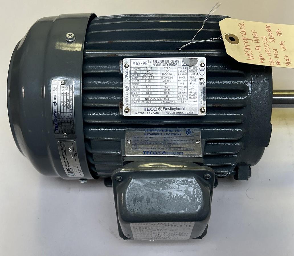 TECO WESTINGHOUSE,NP0022,SEVERE DUTY MOTOR 2HP 3465RPM 230/460V 145T FRAME NOS