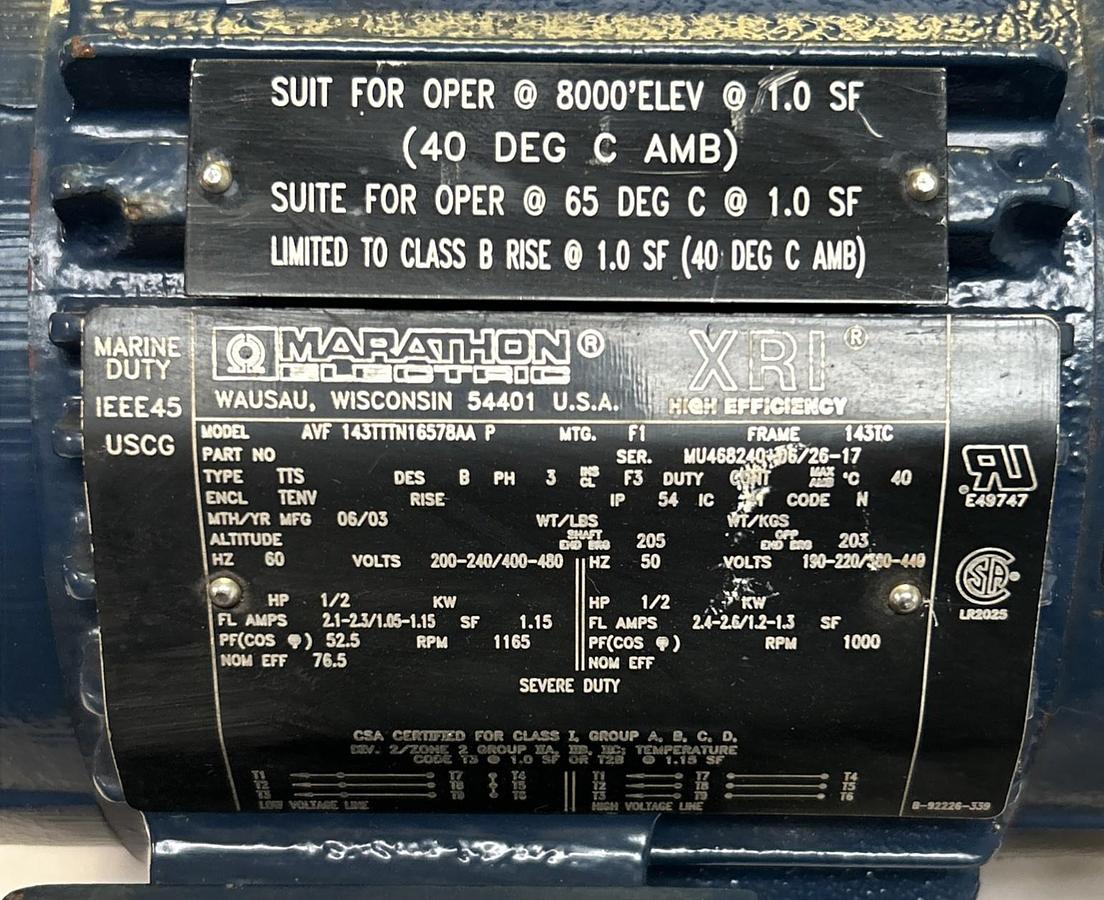 Used MARATHON,AVF143TTTN16578AA,MOTOR 1/2HP 1165RPM 200-240/400-480V 3PH 143TC FRAME