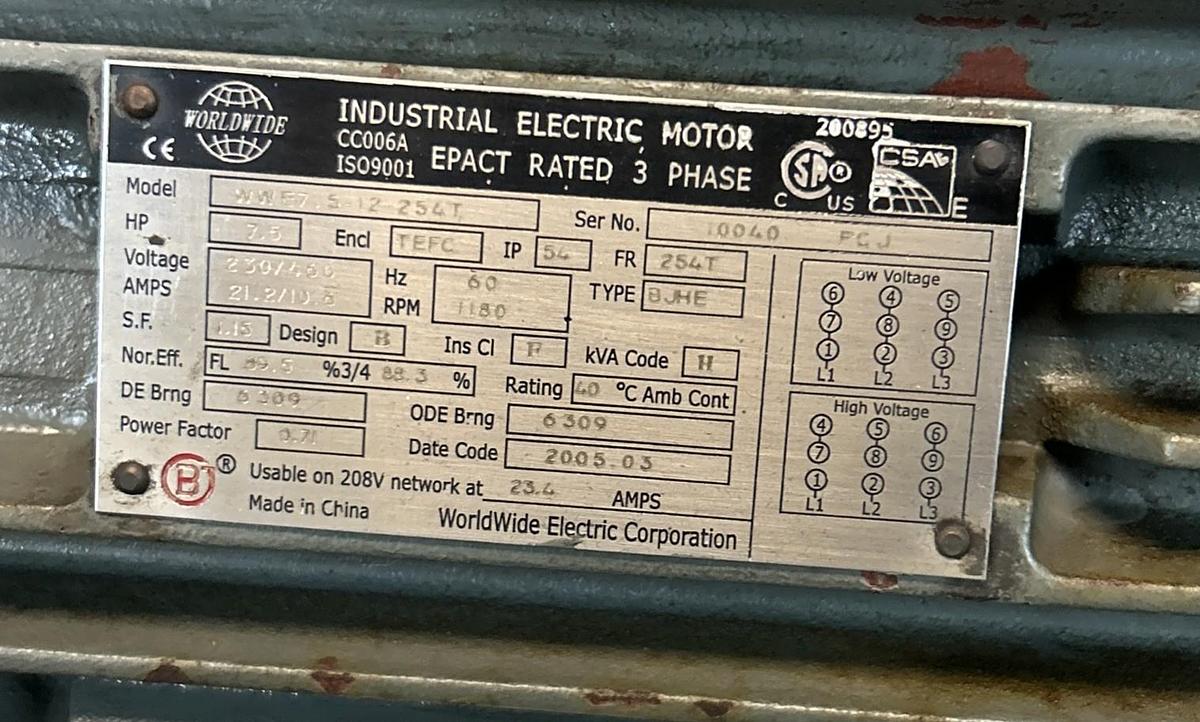 Used WORLDWIDE ELECTRIC,WWE7.5-12-254T,MOTOR 7.5HP 1180RPM 460V 3PH 254T FRAME