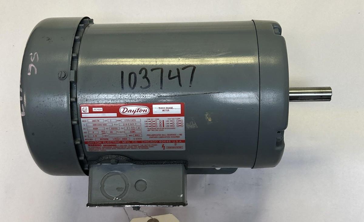 Used DAYTON,3N017H,INDUSTRIAL MOTOR 1HP 208-220/440V 1725/1425 RPM H56H FRAME
