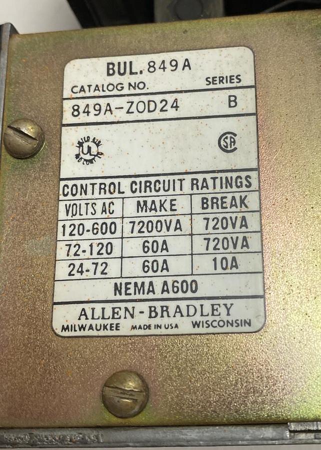 Used Allen-Bradley,849A-Z0D24,Series B Pneumatic Timing Relay 120V-60 Hz