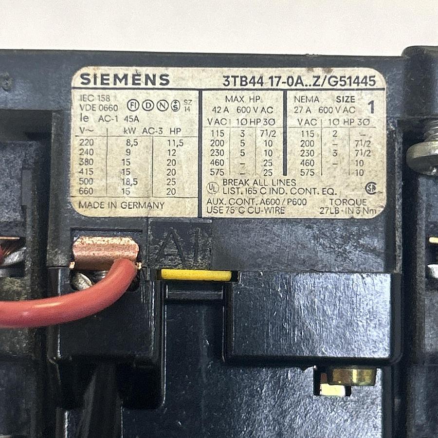 Used SIEMENS,3TB4417-0A,CONTACTOR W/ 3UA5000-1K OVERLOAD