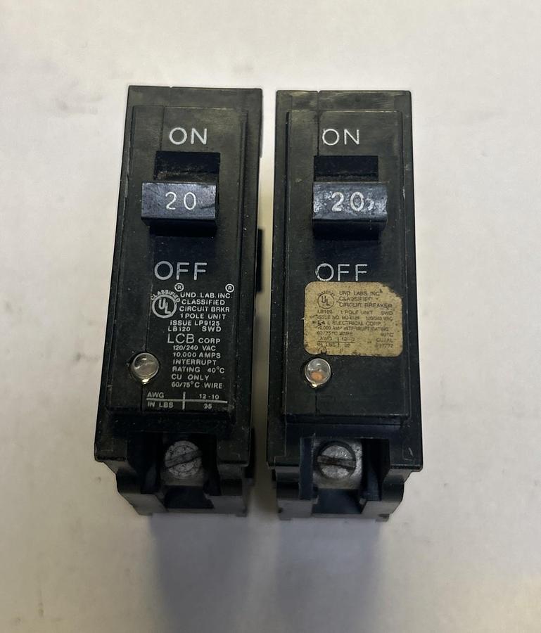 Used LCB,LB120,CIRCUIT BREAKER 20A 120/240V 1P LOT OF 2