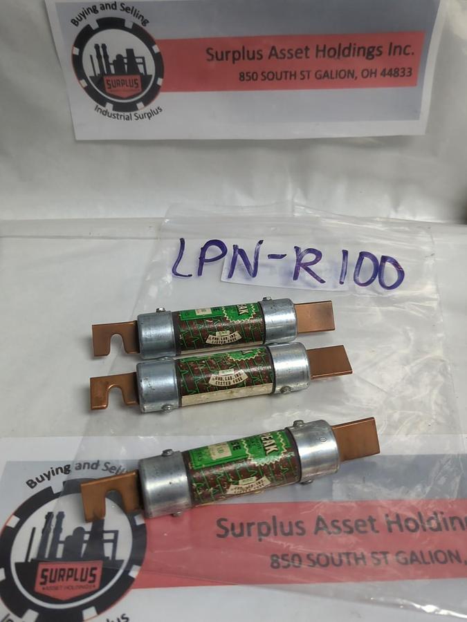 Used COOPER BUSSMANN,LPNR100,LOW-PEAK 100 AMP FUSE LOT OF 3 PRE-OWNED