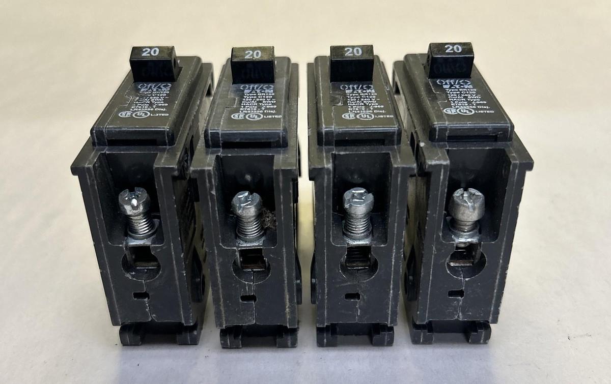 Used EATON,BR120,CIRCUIT BREAKER 20A 120/240V 1P LOT OF 4