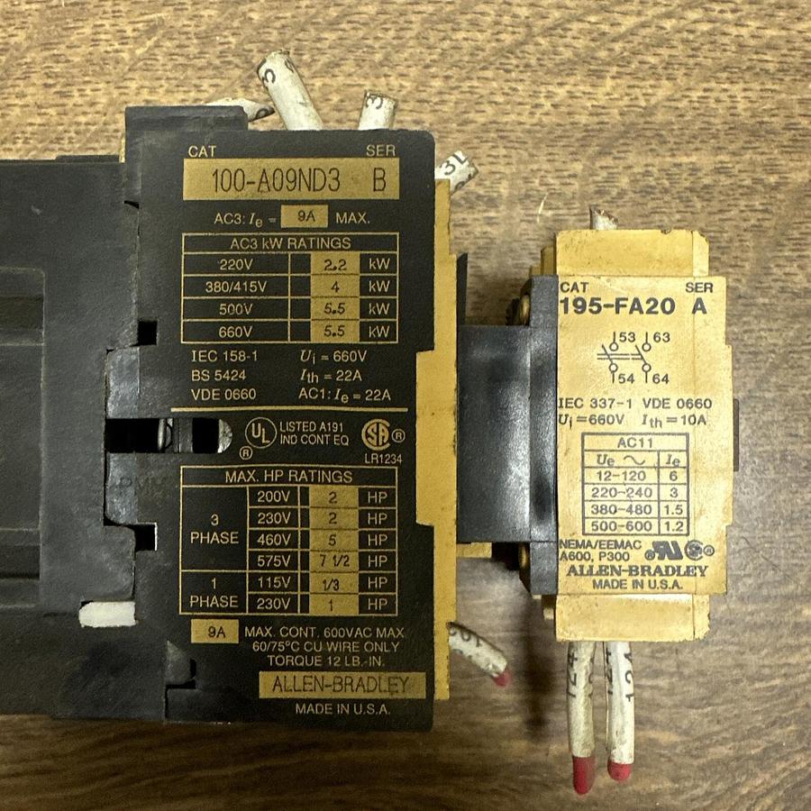 Used Allen Bradley,100-A09ND3,Contactor w195-FA20 Aux Contact