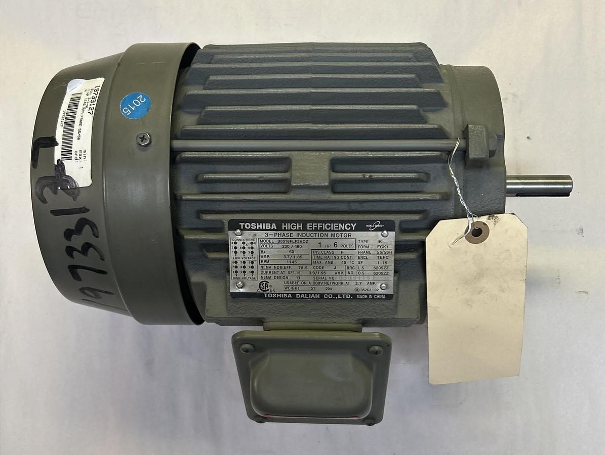 Used TOSHIBA,B0016FLF2AOZ,AC MOTOR 1HP 1145RPM 3PH 230/460V 56/56H FRAME