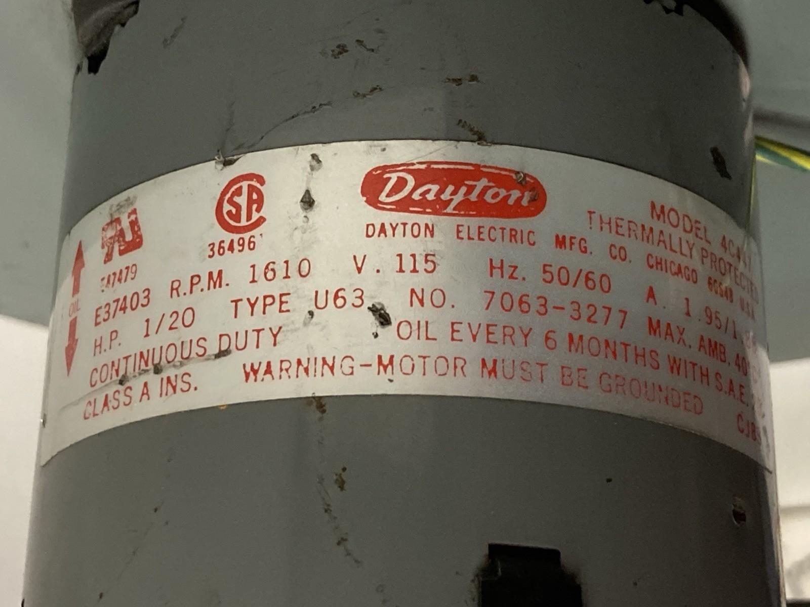 Used Dayton,E37403,Blower Type U63 1610RPM 1/20Hp 115V 50/60Hz