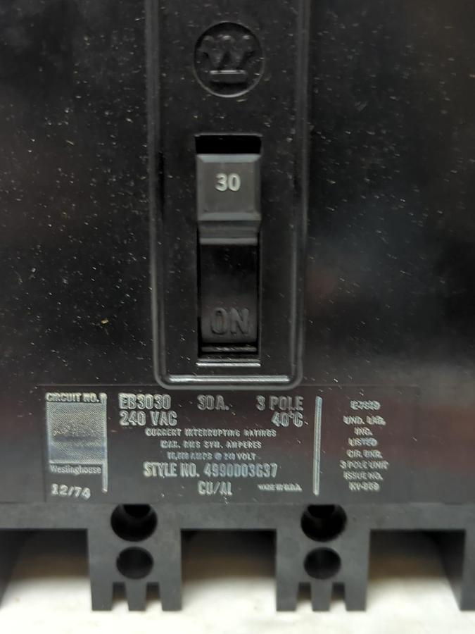 Used WESTINGHOUSE,EB3030,CIRCUIT BREAKER 3-POLE 30 AMP PRE-OWNED