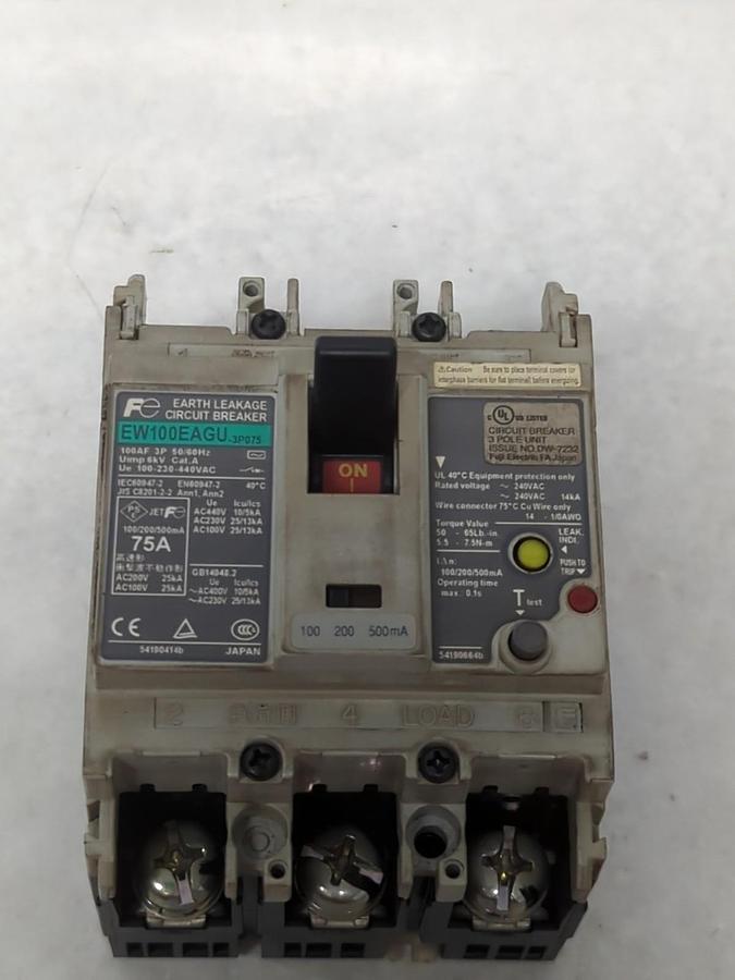 Used FUJI,EW100EAGU-3P075,EARTH LEAKAGE CIRCUIT BREAKER 75 AMP 3-POLE PRE-OWNED