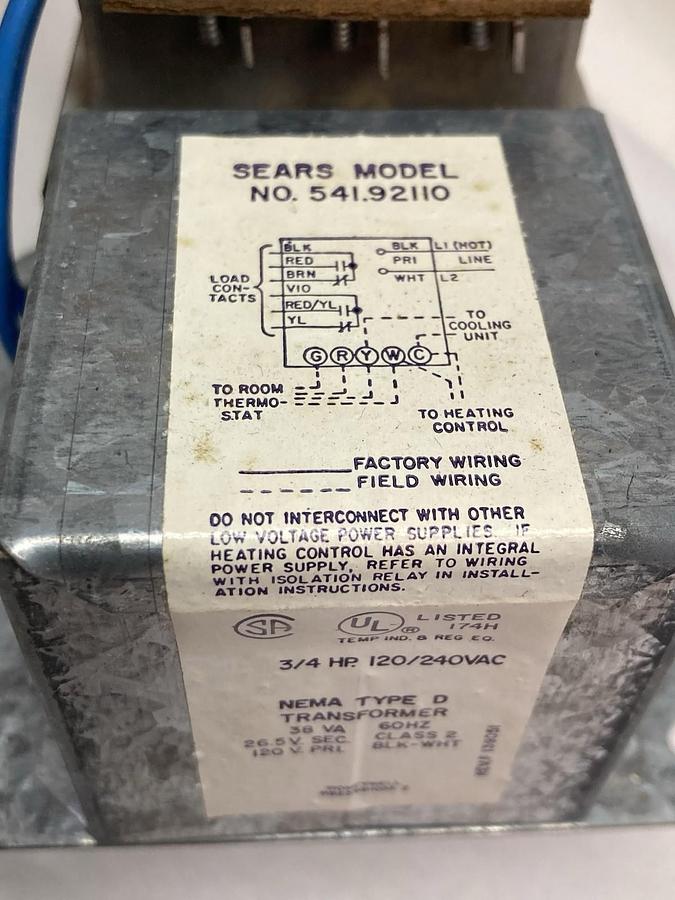 Sears,Model 541.92110,Transformer Nema Type D 3/4Hp 120/240VDC