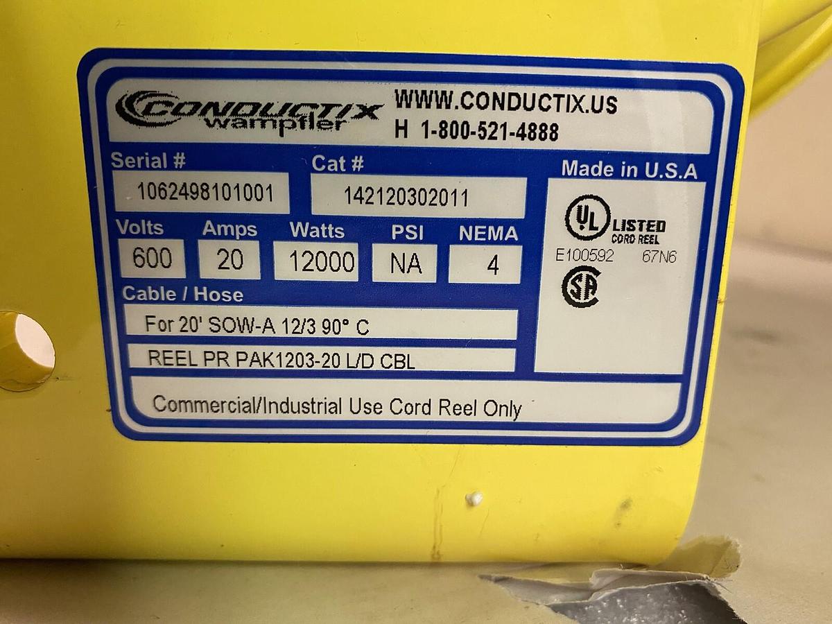 Used CONDUCTIX WAMPLER,142120302011,CABLE REEL 20 FT600V 20A SOW-A 12/3