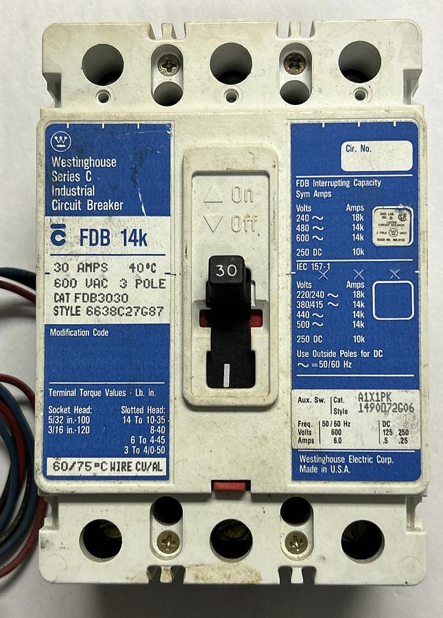 Used WESTINGHOUSE,FDB3030,CURCUIT BREAKER 30A 600V 3P