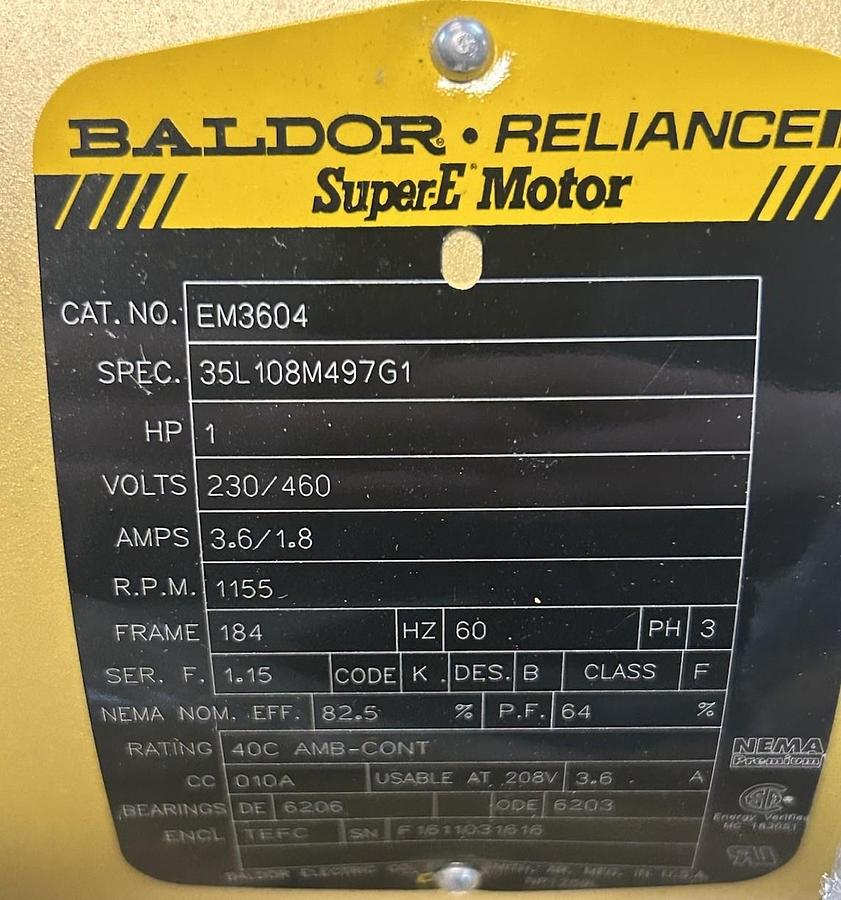 BALDOR,EM3604,SUPER-E MOTOR 1HP 1155RPM 230/460V 3PH 184 FRAME NOS