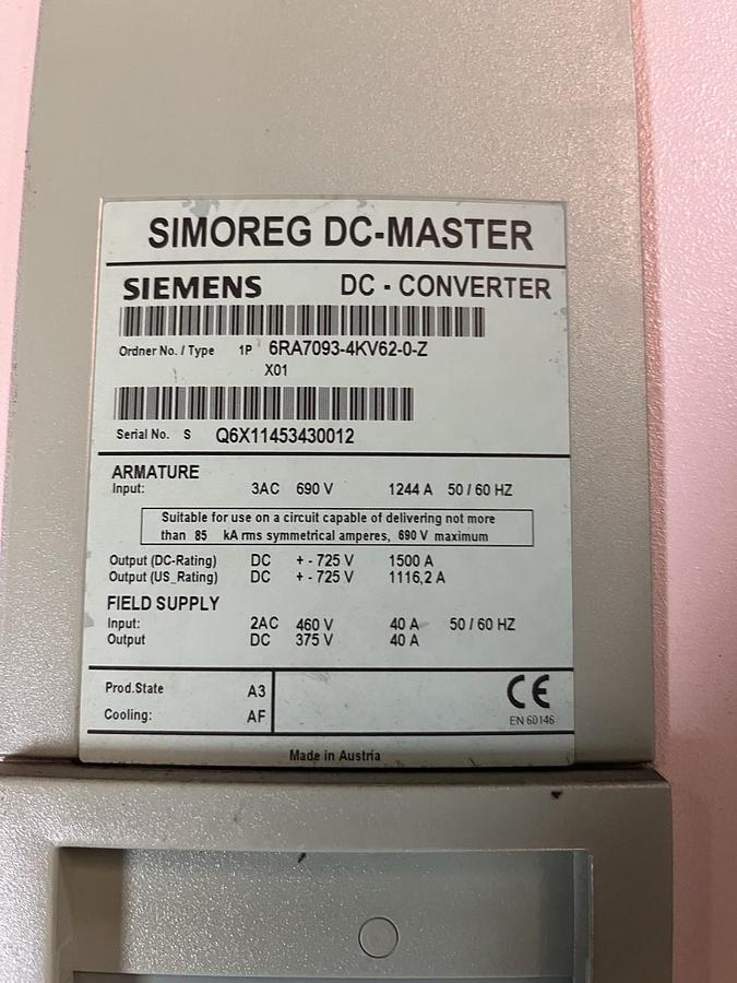 Used SIEMENS,6RA7093-4KV62-0-Z,SIMOREG DC CONVERTER DRIVE 1500A OUTPUT