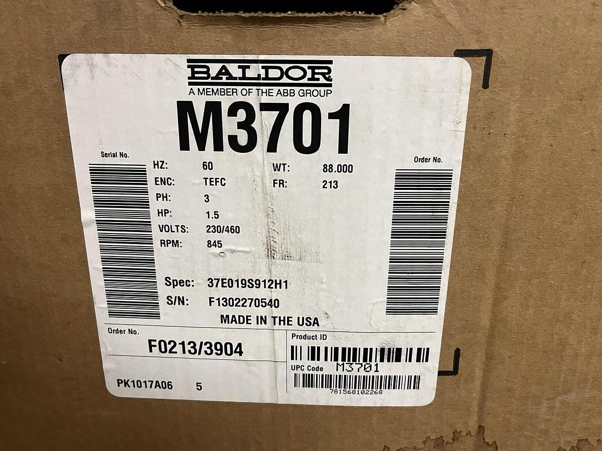 BALDOR,M3701,ELECTRIC MOTOR 1.5HP 845RPM 3PH FR 213