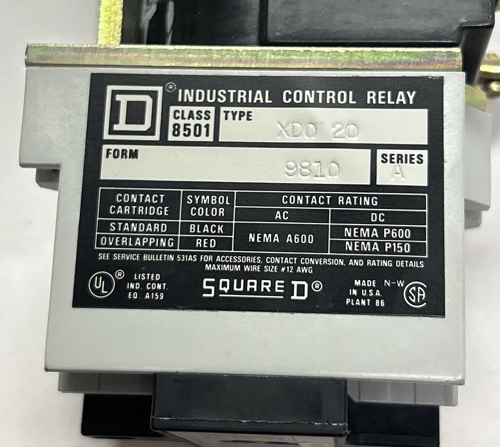 SQUARE D,8501XDO20,CONTROL RELAY NOS coil 230/250vdc