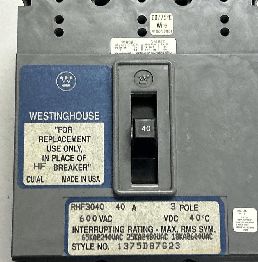 WESTINGHOUSE,RHF3040,CIRCUIT BREAKER 40A 600V NOS