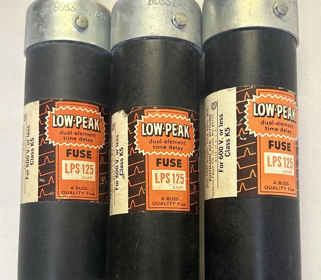 Used BUSSMANN,LPS125,LOW-PEAK FUSE 125A 600V LOT OF 3