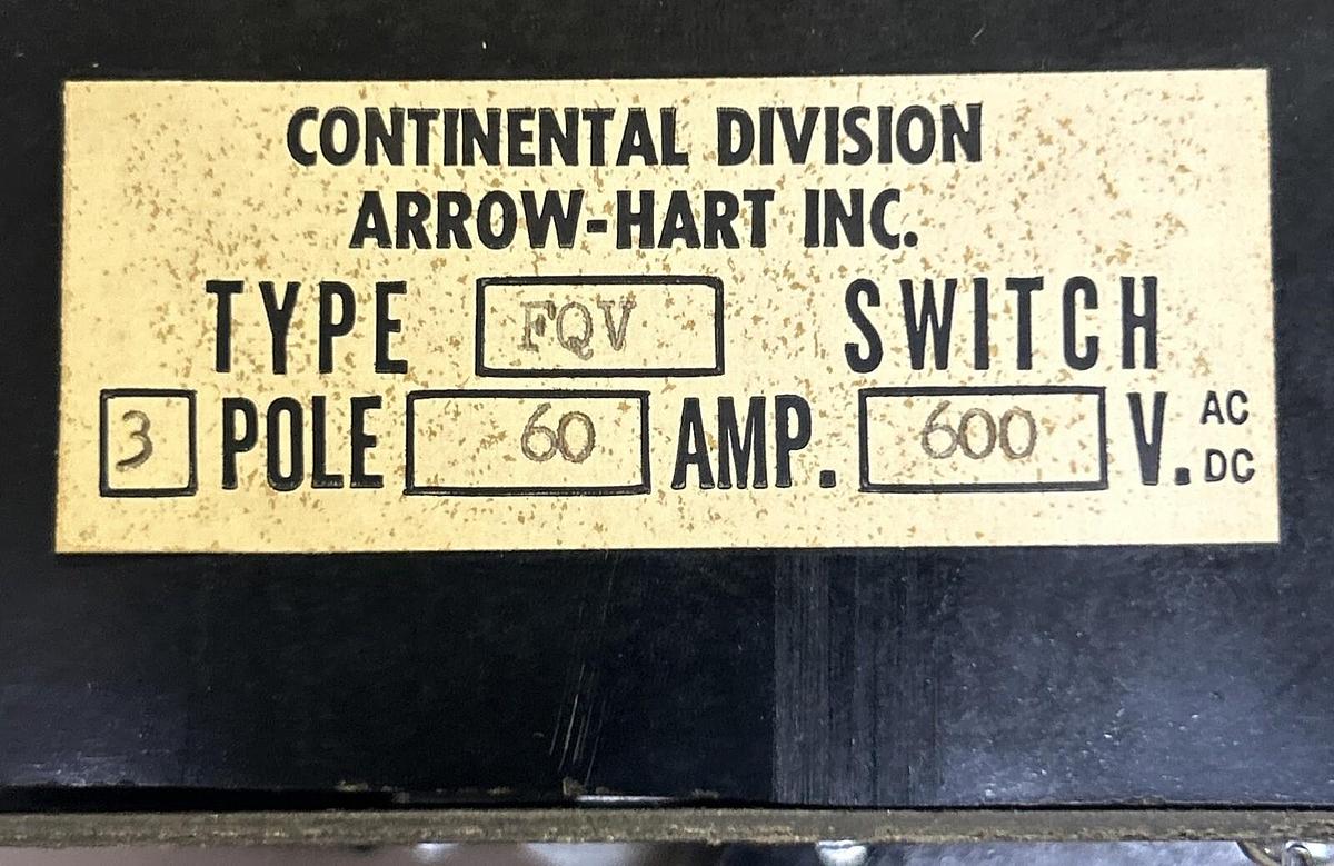 Used ARROW-HART,FQV,SWITCH 60A 600V 3P
