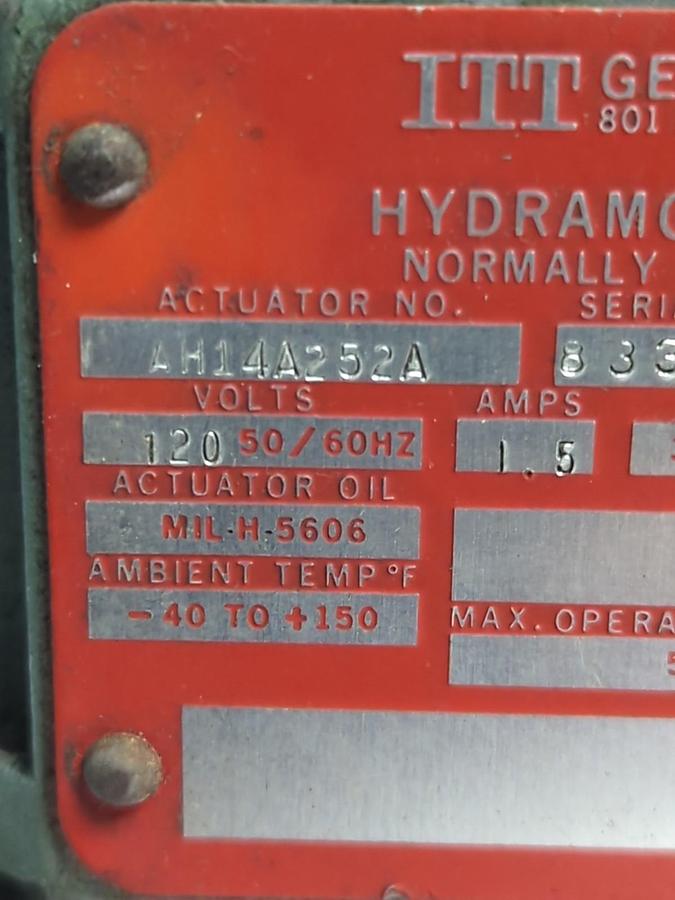 Used ITT GENERAL CONTROLS,AH14A252A,HYDRAMOTOR GAS VALVE120V 50/60HZ 1.5AMP