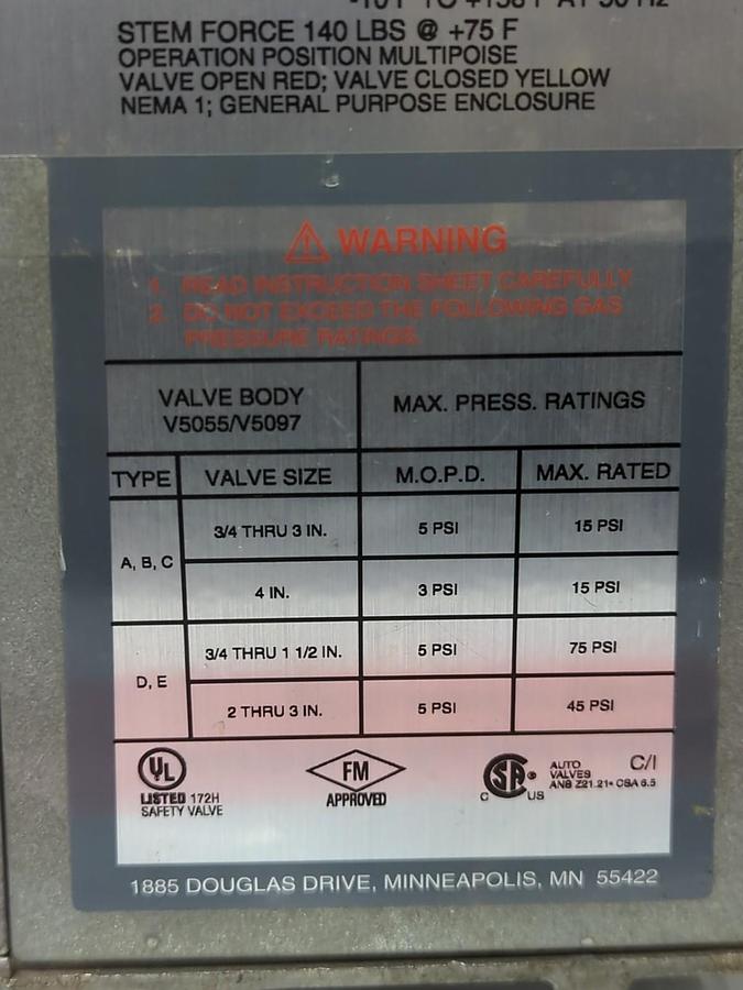 Used HONEYWELL,V4055A 1007,POWER GAS ACTUATOR 110/120V 50/60HZ PRE-OWNED