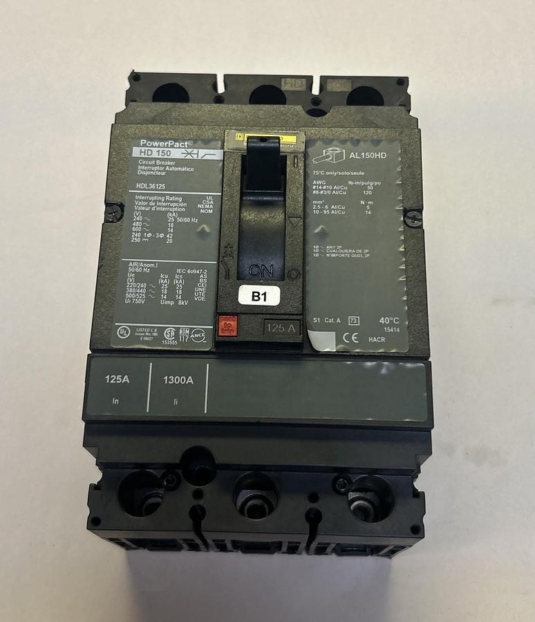 Used SQUARE D,HDL36125,CIRCUIT BREAKER 125A 600V 3P