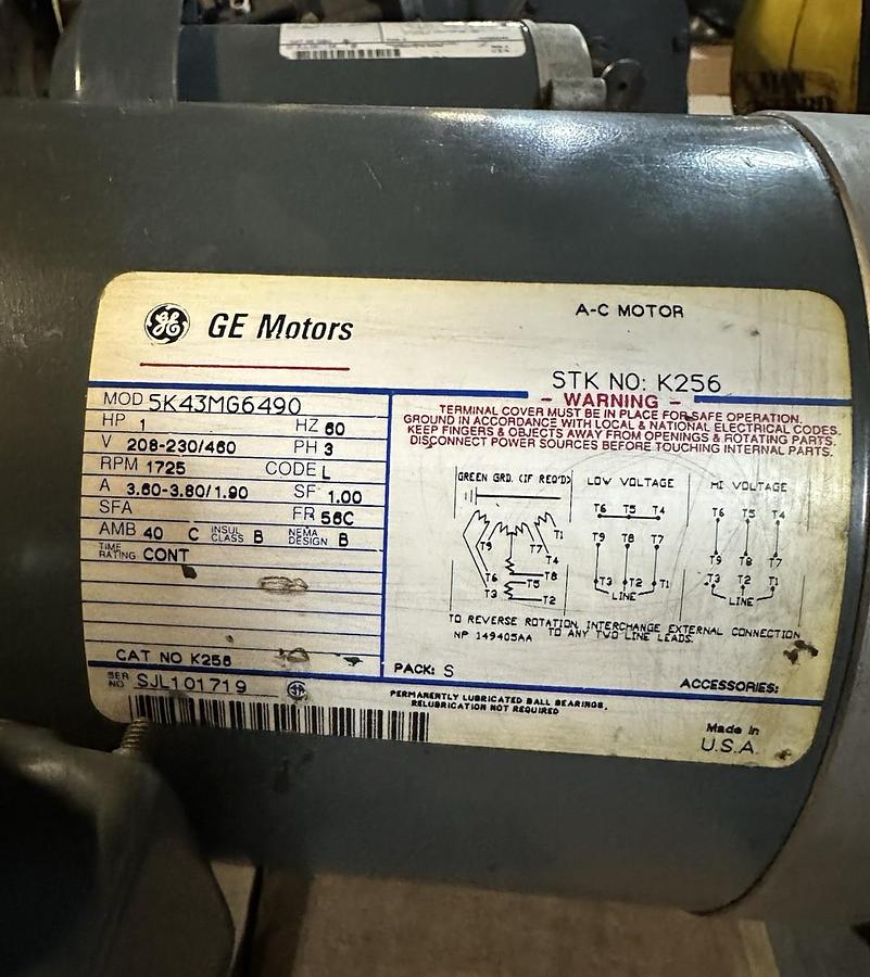 Used GE,5K43MG6490,1 HP 1725 RPM 3 PH 208-230/460V AC Motor