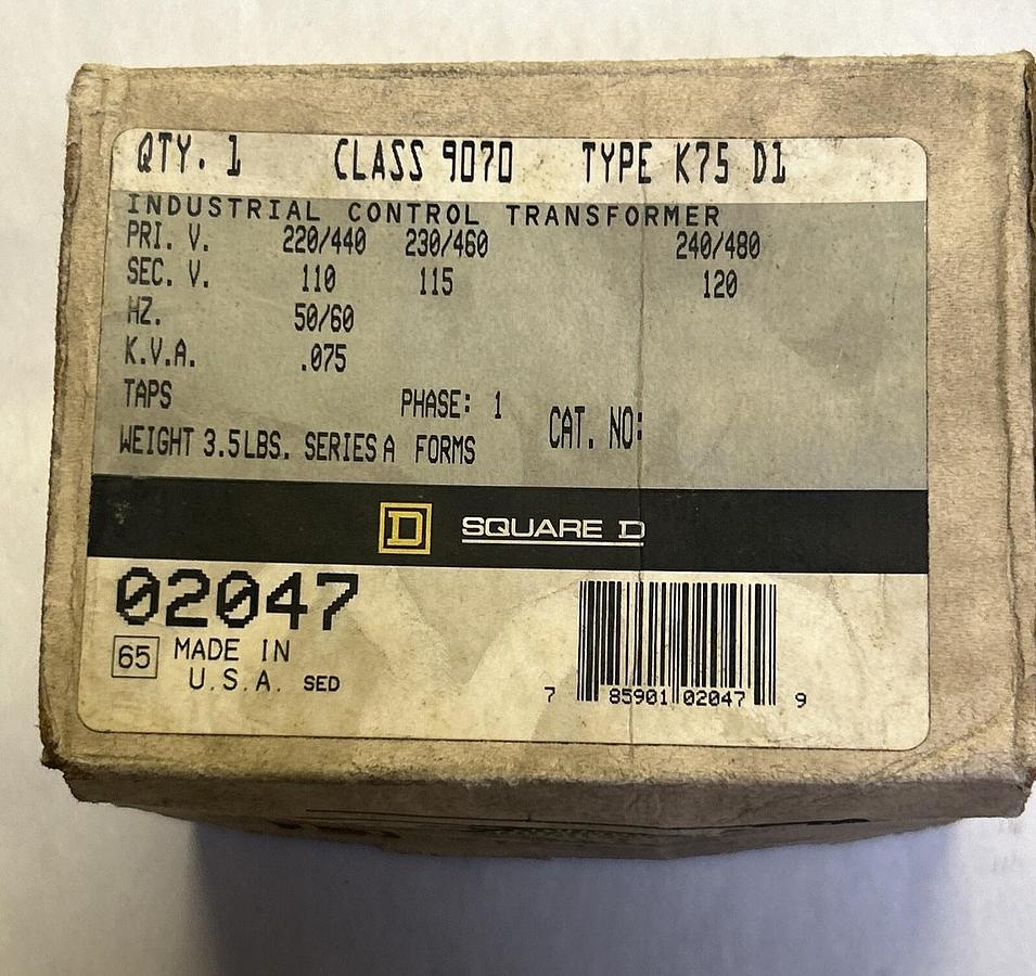 SQUARE D,9070K75D1,INDUSTRIAL CONTROL TRANSFORMER NOS