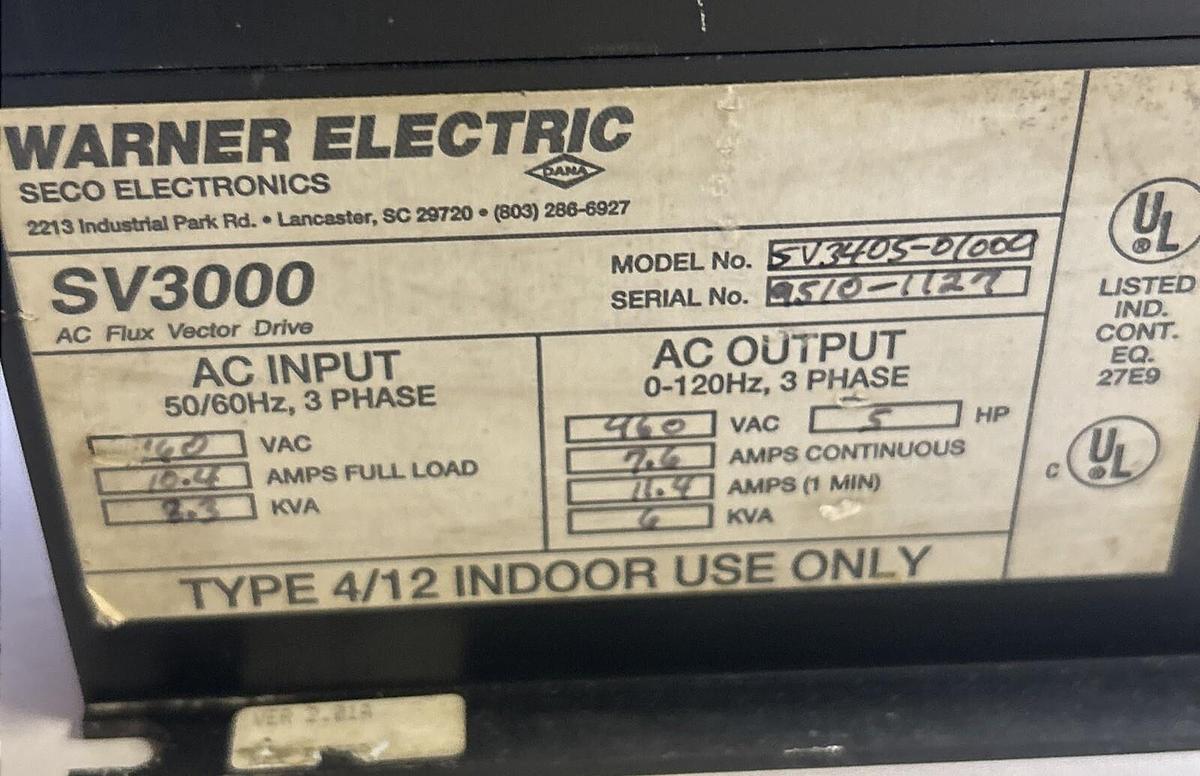 Used WARNER ELECTRIC,SV3405-01000,AC FLUX VECTOR DRIVE