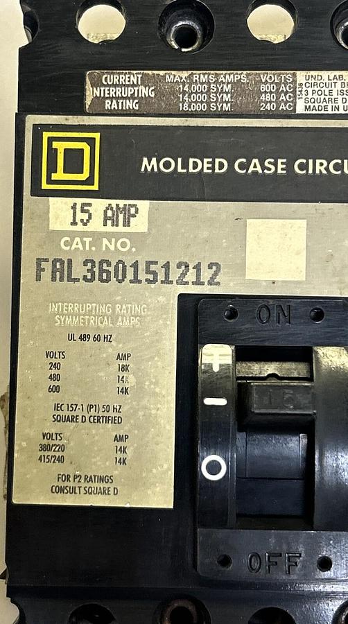 Used SQUARE D,FAL360151212,CIRCUIT BREAKER 15A 600V 3P