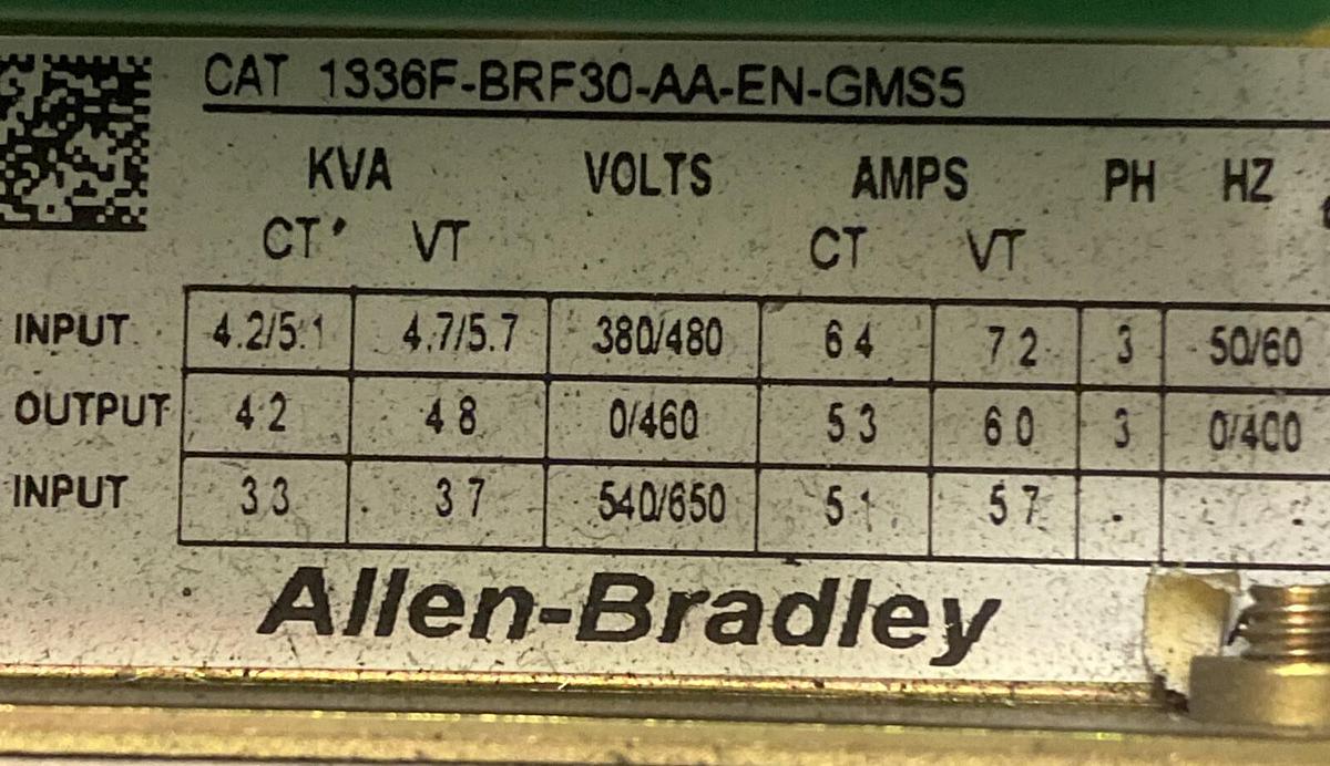 Used ALLEN BRADLEY,1336F-BRF30-AA-EN-GMS5-L4 PLUS II,AC DRIVE 3HP