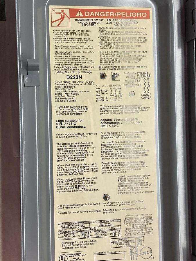 Square D,D222N,Fusible Safety Switch 60A 240vac