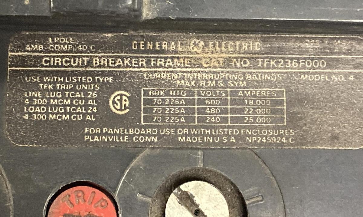 Used GE,TFK236F000,Circuit Breaker 225A 600V 3 Pole