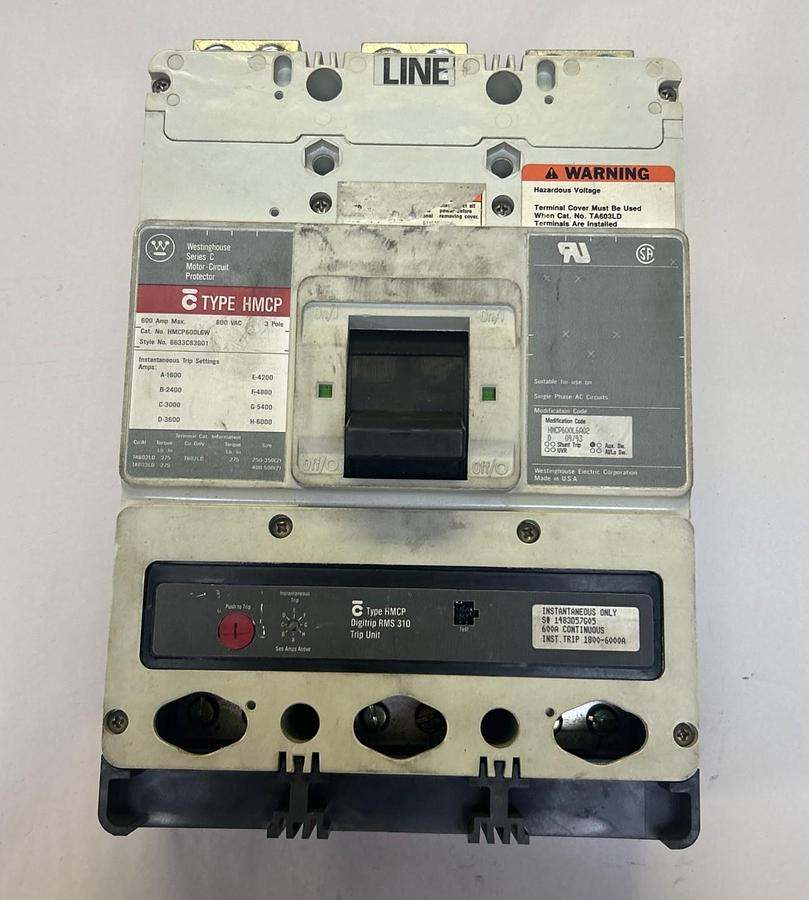 Used WESTINGHOUSE,HMCP600L6W,CIRCUIT BREAKER 600A 600V 3P