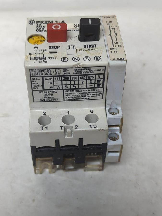 Used MOELLER,PKZM 1-4,MANUAL MOTOR STARTER WITH NHi 11 AUX 660V 4 AMP PRE-OWNED