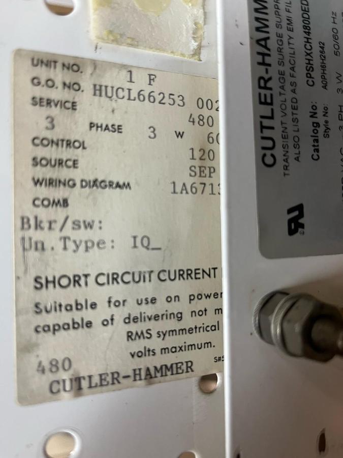 Used Cutler Hammer,CPSHXCH480DEDRC2,CLIPPER POWER IV SURGE SUPPRESSOR MCC BUCKET