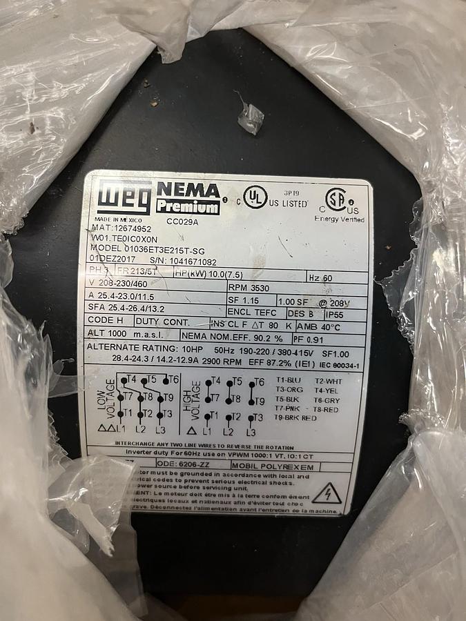 WEG,01036ET3E215T-SG,ELECTRIC MOTOR 10HP 3PH 213T 215T 3530RPM