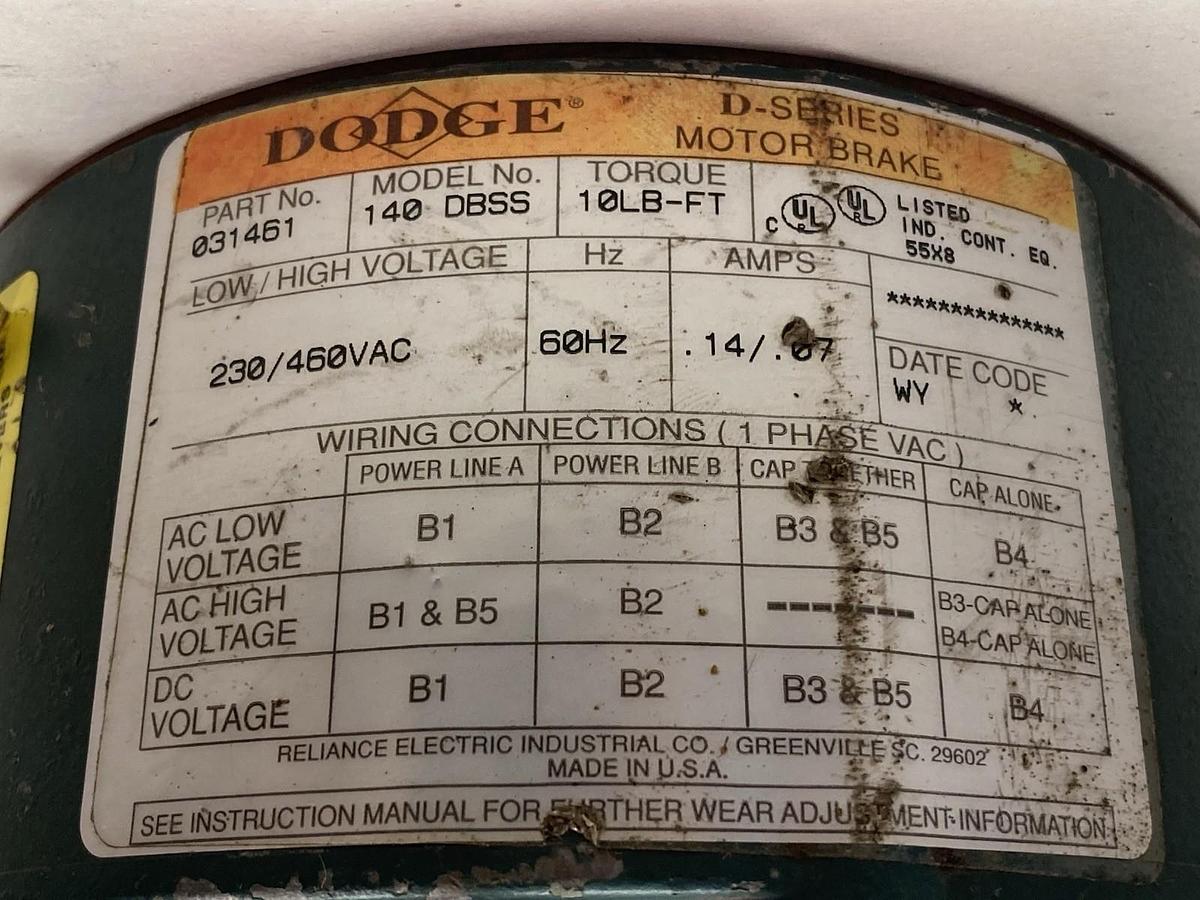 Used Dodge,Model 140 DBSS,D-Series Electric Motor Brake 60Hz 230/460Vac 14/,07Amps