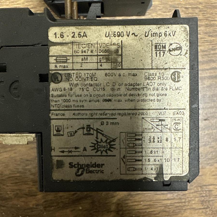 Used Telemecanique Square D,LRD 07 1.5-2.5A,Overload Relay LOT of 2