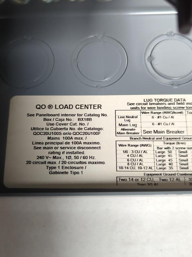 SQUARE D,QO120M100,CIRCUIT BREAKER LOAD CENTER 100 AMP 20-SPACE 20-CIRCUITS NOS