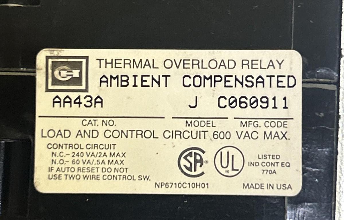 CUTLER-HAMMER,AA43A,THERMAL OVERVLOAD RELAY NOS