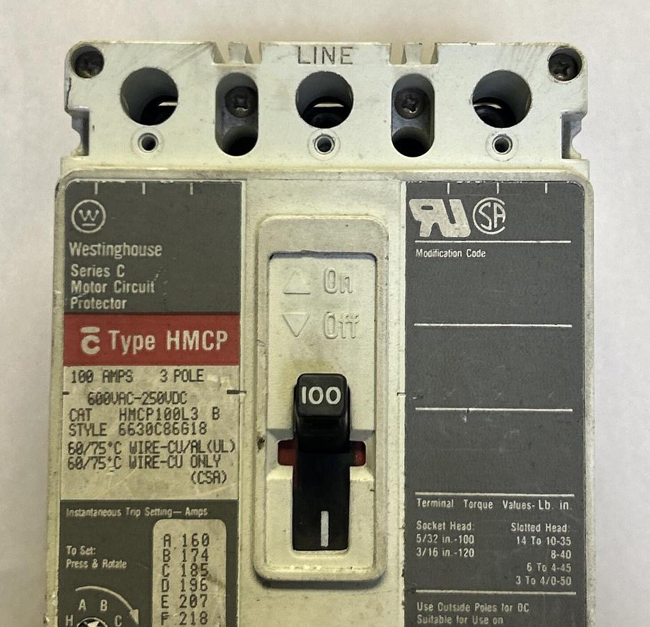 Used WESTINGHOUSE,HMCP100L3,CIRCUIT BREAKER 100A 600V 3P