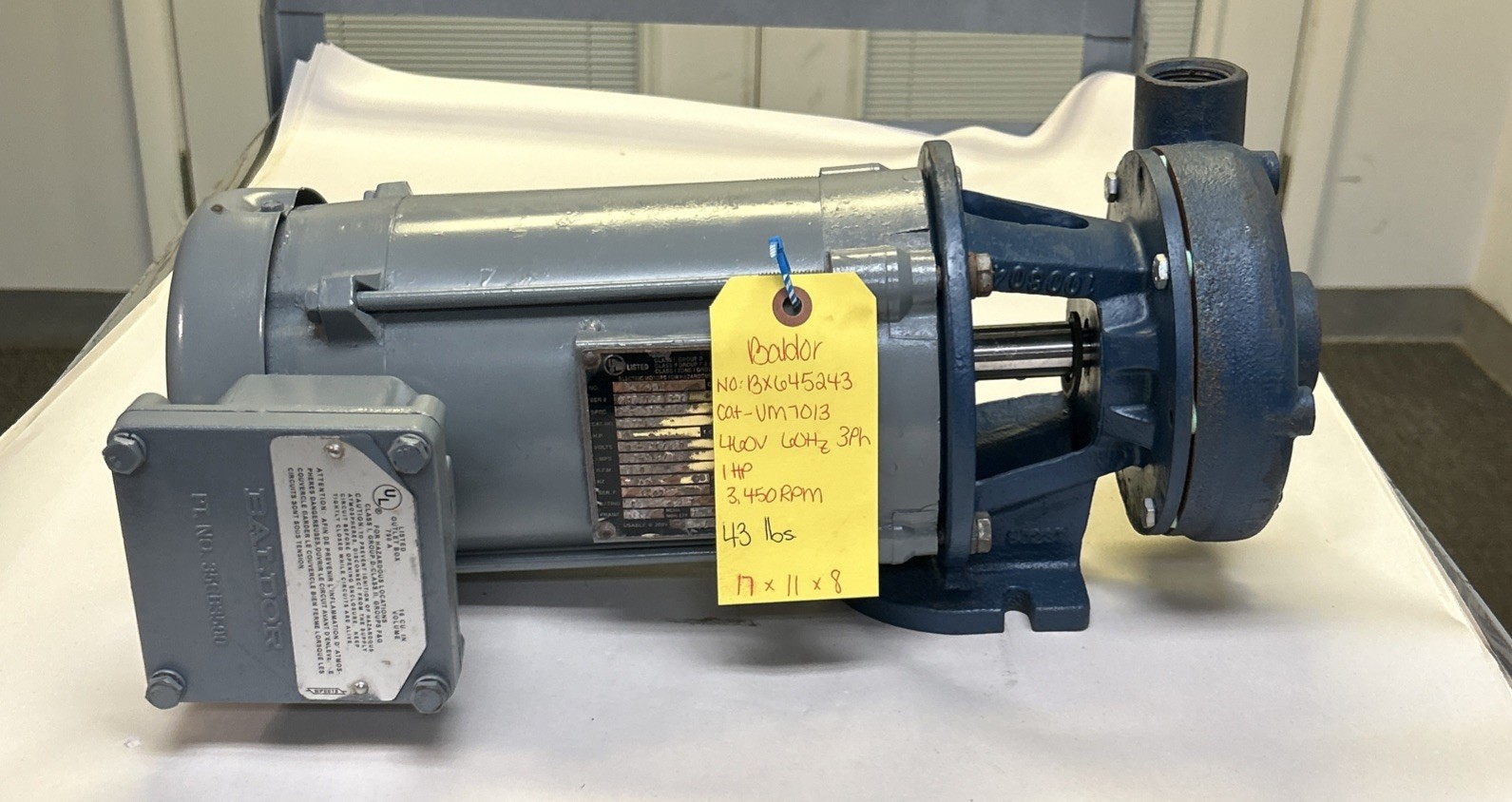 Used BALDOR,VM7013,CENTRIFUGAL PUMP 1HP 460V 3450RPM 3PH 56C FRAME
