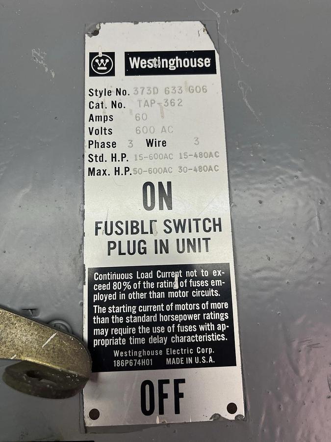 Used Westinghouse,TAP-362,BUSWAY BUS PLUG 60A 600V 3PH