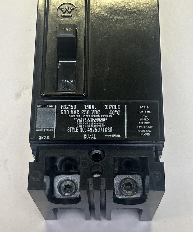 Used WESTINGHOUSE,FB2150,CIRCUIT BREAKER 150A 600V 2P