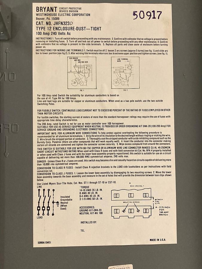 Used Westinghouse,JHFN223D,Heavy Duty Disconnect Switch 100A 240AC