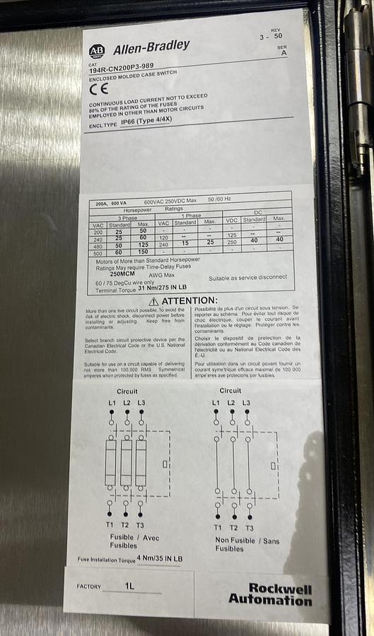 ALLEN BRADLEY,194R-CN200P3-989,SER A SS SAFETY DISCONNECT SWITCH 200A NEW