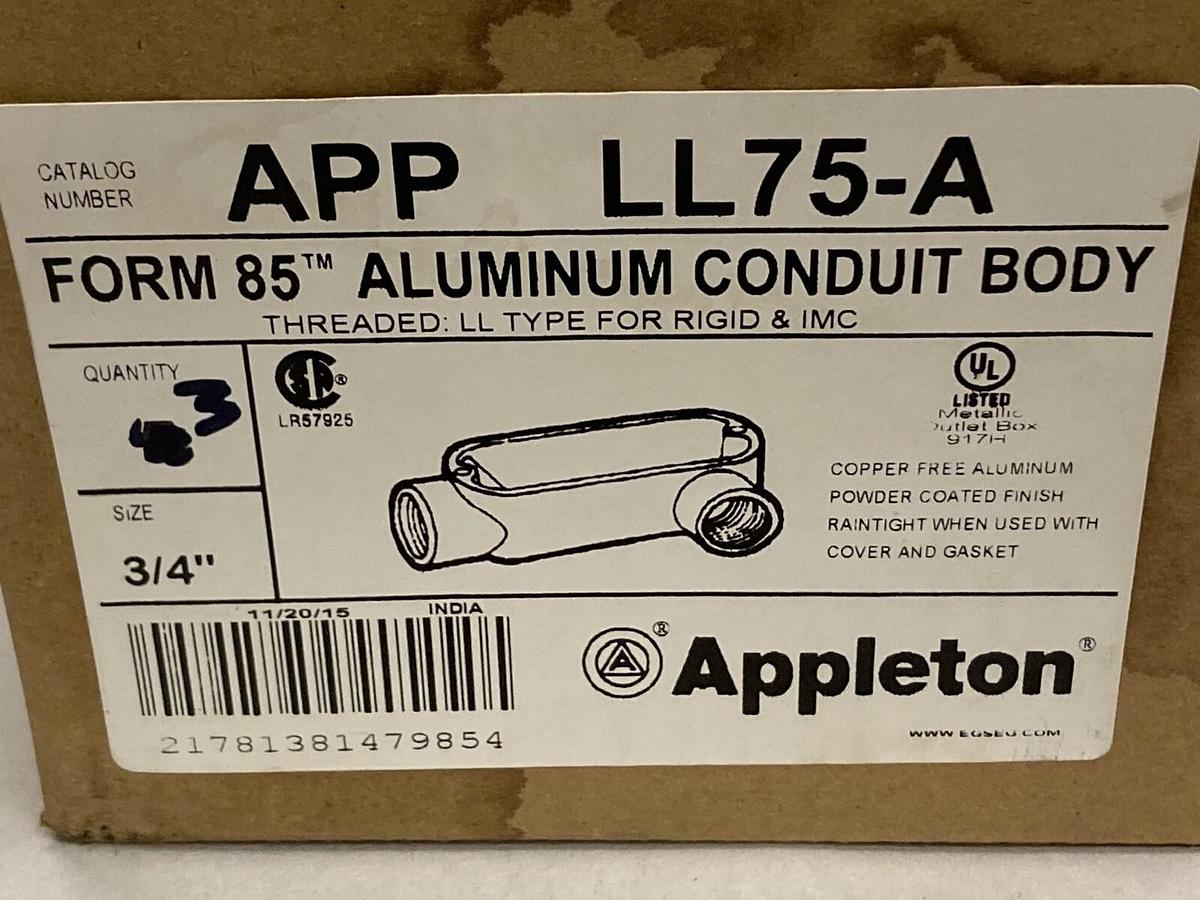 Appleton,LL75-A,3/4 Inch Aluminum Type LL Conduit Outlet Body LOT OF 3